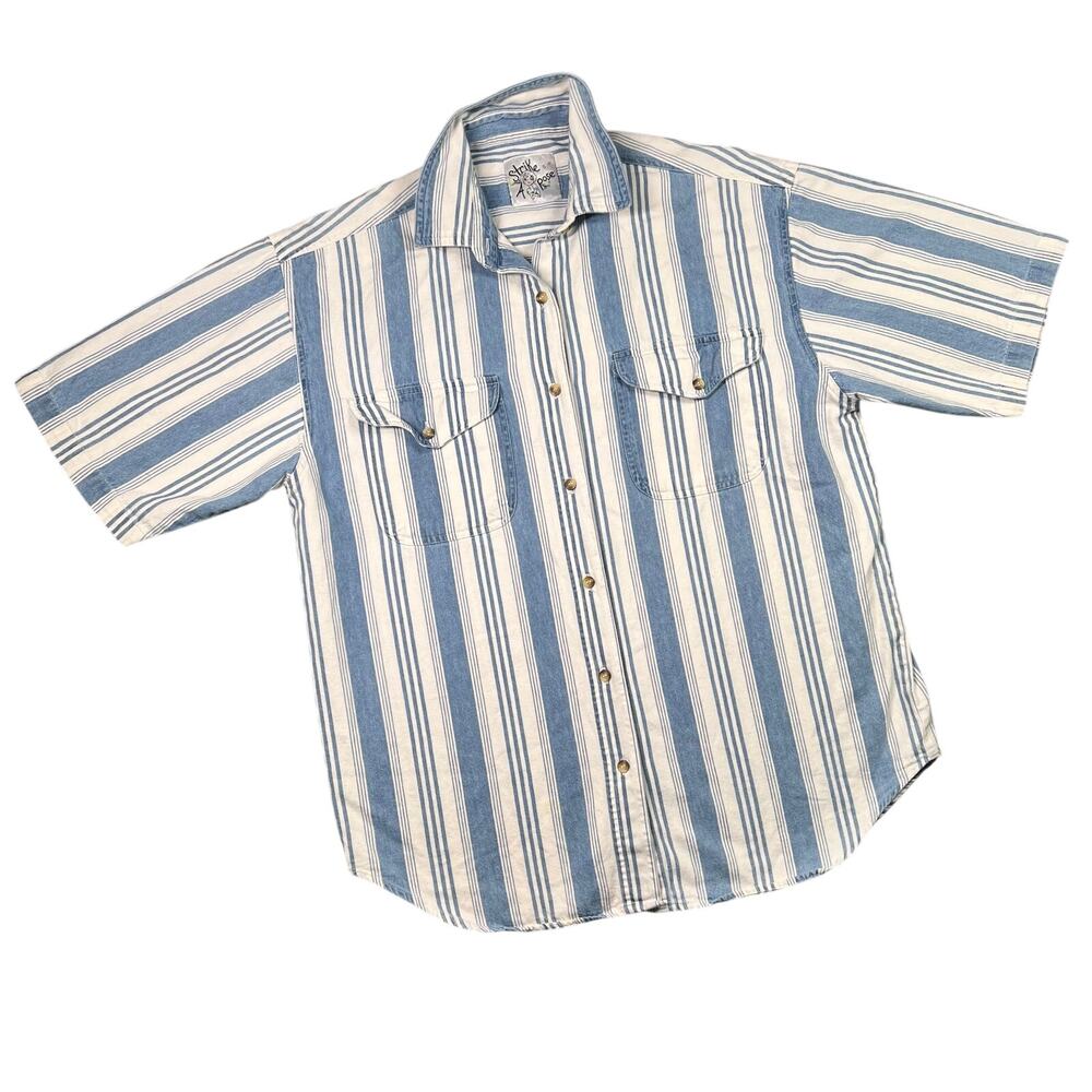 VTG Relaxed Casual Strike A Pose - White with Blue Stripes - Button Down Top